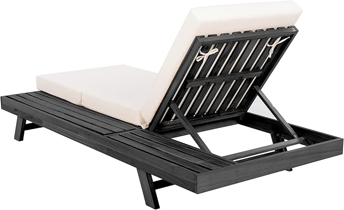 Christopher Knight Home Dami Patio Chaise Lounge Chair Outdoor with Foldable Cushion, Acacia Wood Poolside Sun Lounger with Space Available On One Side, Adjustable Backrest Pool Lounger, Black + Cream