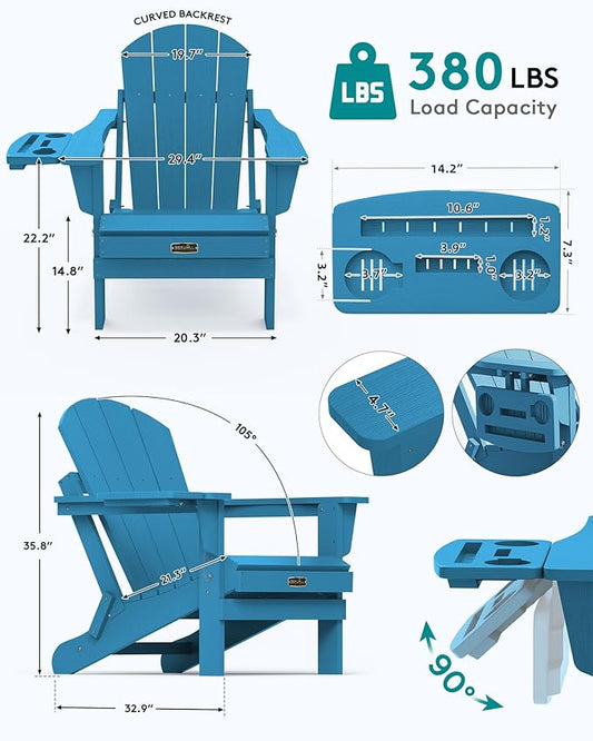 SERWALL Folding Adirondack Chair Set of 4, Outdoor Adirondack Chairs with 4 in 1 Cup Holder, Wood Texture Patio Chairs, Weather Resistant Fire Pit Chairs for Patio Deck Garden, Backyard - Sapphire