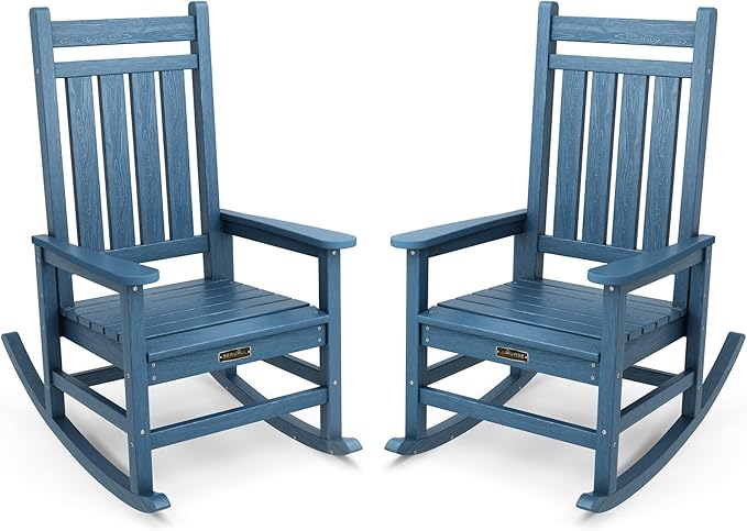 SERWALL Outdoor Rocking Chair Set of 2,Patio Rocking Chairs for Adult, All Weather Resistant Porch Rockers for Lawn Garden, Blue