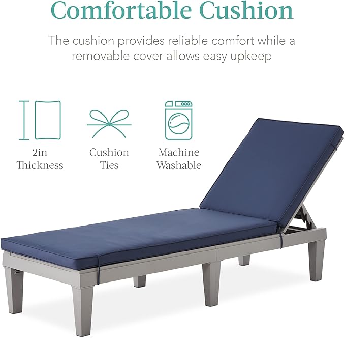 Best Choice Products Outdoor Lounge Chair, Resin Patio Chaise Lounger for Poolside, Backyard, Porch w/Seat Cushion - Photo 5