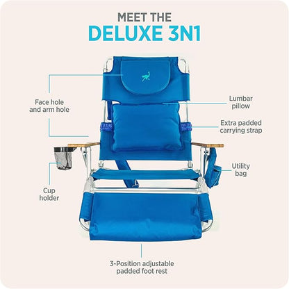 Ostrich the Deluxe 3N1 Lightweight Lawn Beach Reclining Lounge Chair with Footrest, Outdoor Furniture for Patio, Balcony, Backyard, or Porch, Blue
