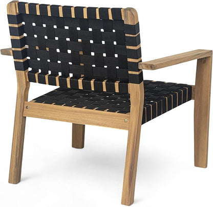 Christopher Knight Home Set of 2 Lena Patio Furniture Acacia Wood Armchair, Woven Rope Outdoor Club Chair, Deep Seating Porch Chairs for Garden, Backyard/Balcony, Light Teak Finish & Black