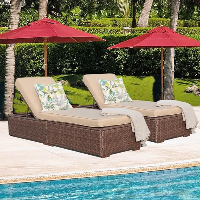 Patiorama Outdoor Patio Lounge Chair, Elegant Reclining Adjustable Pool Rattan Chaise Chair with Beige Cushion, Brown PE Wicker, Steel Frame, Set of 2