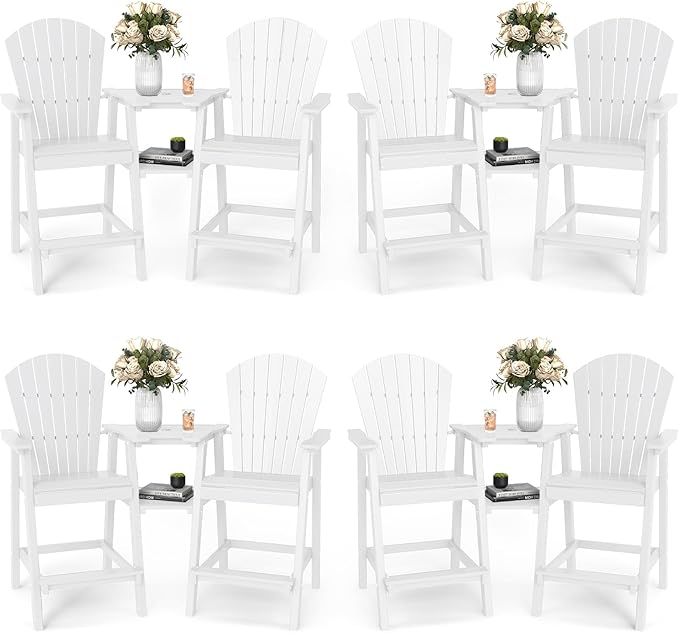 FOOWIN Tall Adirondack Chair Set of 8, All Weather HDPE Bar Height Adirondack Chair with Double Connecting Trays, Adirondack Barstools for Balcony, Deck, Backyard, Patio, Garden White