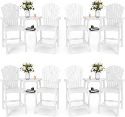 FOOWIN Tall Adirondack Chair Set of 8, All Weather HDPE Bar Height Adirondack Chair with Double Connecting Trays, Adirondack Barstools for Balcony, Deck, Backyard, Patio, Garden White