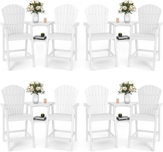 FOOWIN Tall Adirondack Chair Set of 8, All Weather HDPE Bar Height Adirondack Chair with Double Connecting Trays, Adirondack Barstools for Balcony, Deck, Backyard, Patio, Garden White