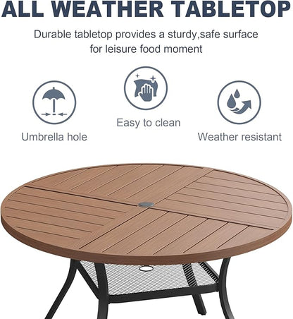 VICLLAX 47.2" Round Patio Dining Table for 4-6, All Weather Metal Outdoor Table with 1.57" Umbrella Hole and Storage Shelf for Garden Lawn Deck, Walnut