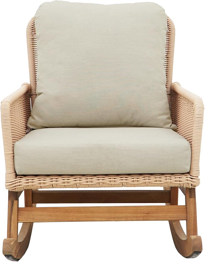 Outdoor Wooden Rocking Chair, Patio Rocking Chair with Soft Cushions & Wood Leg - Photo 3