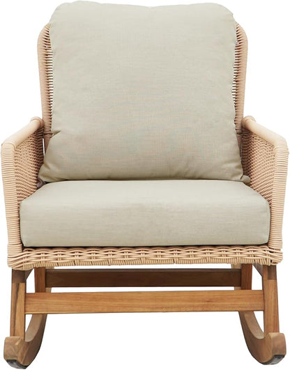 Outdoor Wooden Rocking Chair, Patio Rocking Chair with Soft Cushions & Wood Leg, Rocker Chairs with Solid Wood for Indoor, Outdoor, Backyard, Garden, Yard, Patio (Beige)