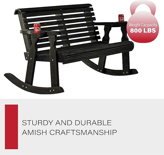 Amish Casual Heavy Duty 800 Lb Roll Back Pressure Treated Double Rocker with Cupholders (Semi-Solid Black Stain)
