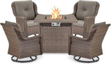 Outdoor Patio Swivel Gliders with Fire Pit Table 5 Piece Set - High Back Brown Wicker Rattan Rocking Chair with Thick - Photo 1
