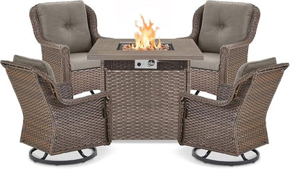 Outdoor Patio Swivel Gliders with Fire Pit Table 5 Piece Set - High Back Brown Wicker Rattan Rocking Chair with Thick Cushion for Porch Apartment Deck Yard Poolside Garden - Grey