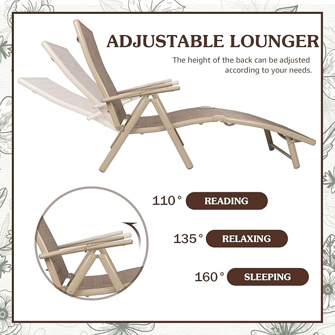 Flamaker Patio Lounge Chairs Adjustable Chaise Lounge Chairs Folding Outdoor Recliners Set of 2 for Beach, Pool and Yard (Beige)