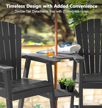 PASAMIC Tall Adirondack Chair Set of 2, All-Weather HDPE Outdoor Chairs with Removable Double Trays, Bar Height Adirondack Chairs for Balcony, Deck, Patio, Backyard, Dark Gray
