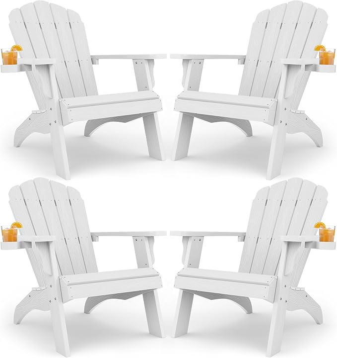 YEFU Oversized Plastic Adirondack Chair Set of 4 with Cup-Holder, Weather Resistant, Poly Lumber Outdoor Chairs Duty Rating Widely Used in Patio, Lawn, Outside, Deck, Garden Chair-White