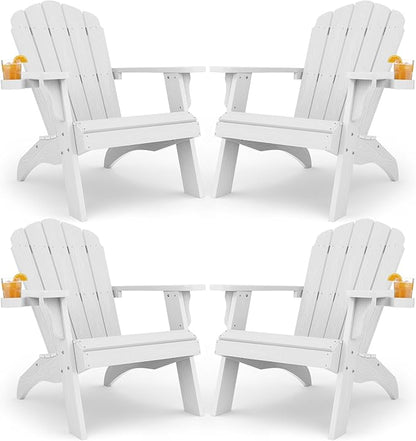 YEFU Oversized Plastic Adirondack Chair Set of 4 with Cup-Holder, Weather Resistant, Poly Lumber Outdoor Chairs Duty Rating Widely Used in Patio, Lawn, Outside, Deck, Garden Chair-White