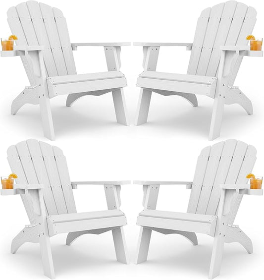 YEFU Oversized Plastic Adirondack Chair Set of 4 with Cup-Holder, Weather Resistant, Poly Lumber Outdoor Chairs Duty Rating Widely Used in Patio, Lawn, Outside, Deck, Garden Chair-White