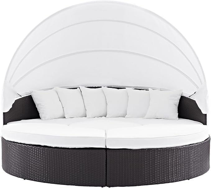 Modway Convene Wicker Rattan Outdoor Patio Retractable Canopy Round Poolside Sectional Sofa Daybed with Cushions in Espresso White