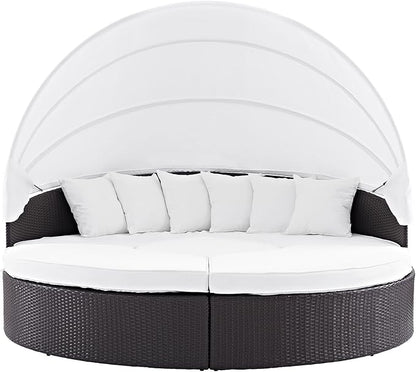 Modway Convene Wicker Rattan Outdoor Patio Retractable Canopy Round Poolside Sectional Sofa Daybed with Cushions in Espresso White