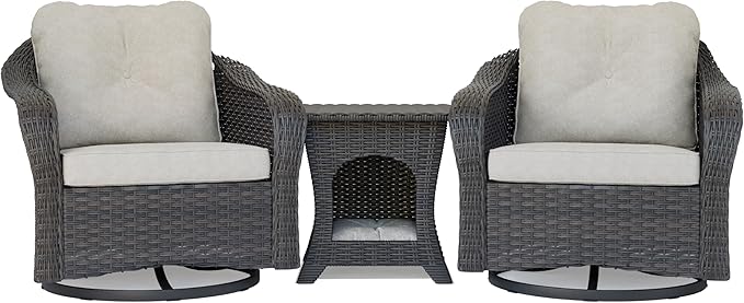 Wicker Swivel Rocking Chairs Set 2 with Storage Side Table - Outdoor Brown Wicker Swivel Glider Chair Outdoor Rocking Chair with Water-Resistant Cushions, Beige