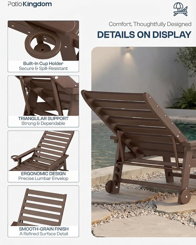 Adjustable Lounge Chair Outdoor, HDPE Outdoor Chaise Lounge with Cup Holder & Wheels, Pool Lounge Chairs for Poolside, Backyard Pool, Patio, Beach, Deck, (Brown)