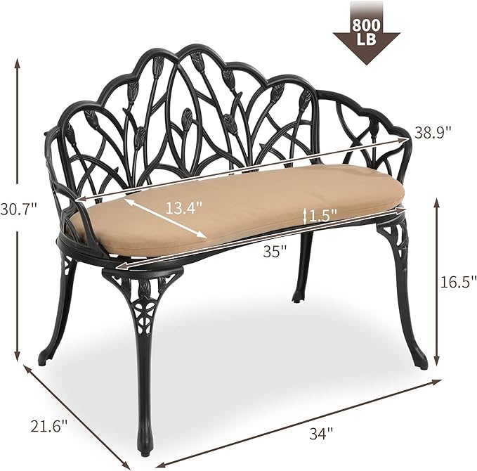 HOMEFUN Outdoor Patio Bench, Garden Benches with Cushion All-Weather Cast Aluminum Extra Loveseat for Lawn Front Porch Path Yard Decor Deck Furniture Black