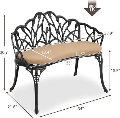 HOMEFUN Outdoor Patio Bench, Garden Benches with Cushion All-Weather Cast Aluminum Extra Loveseat for Lawn Front Porch Path Yard Decor Deck Furniture Black