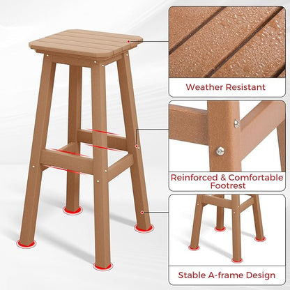 Costaelm 29" Height Outdoor Bar Stools, All-Weather Bar Stools, Adirondack Poly Patio Square Bar Stool for Patio, Deck, Kitchen Counter and Garden, Teak