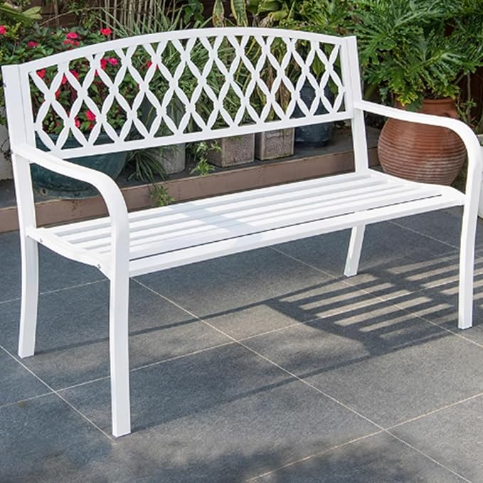 Porch Benches Outdoor, 2-3 Person Metal Garden Bench with Diamond Weaving Backrest, Load Bearing 880lbs, for Backyard Deck Lawn Poolside(White)