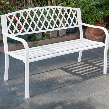 Porch Benches Outdoor, 2-3 Person Metal Garden Bench with Diamond Weaving Backrest, Load Bearing 880lbs, for Backyard Deck Lawn Poolside(White)