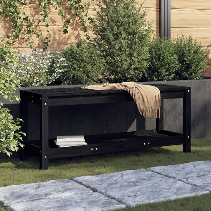 vidaXL Patio Bench in Black Pine: Solid Wood Garden Seat with Practical Shelf and Slatted Design, Great for Patios - Photo 2