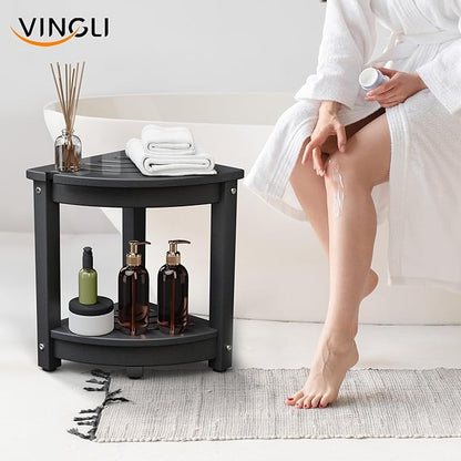 VINGLI Outdoor Side Table, HDPE Space-Saving Patio Side Table Corner Table Shower Bench, Waterproof 2-Tier Patio End Tables for Balcony Garden Deck (Black)