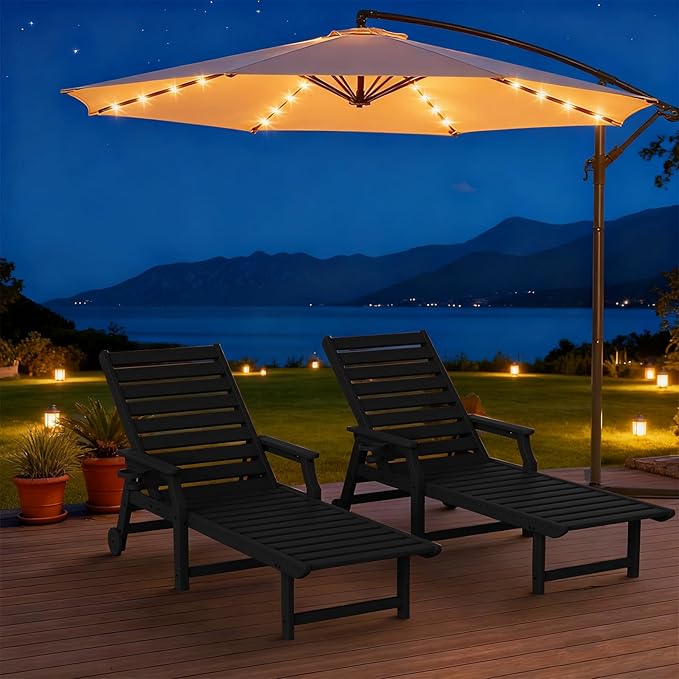 5-Position Adjustable Patio Chaise Lounge - 78'' HDPE Outdoor Lounger with Rolling Wheels & Cup Holder, Longer, Wider, Higher - Perfect for Poolside & Deck, Black, 2pcs