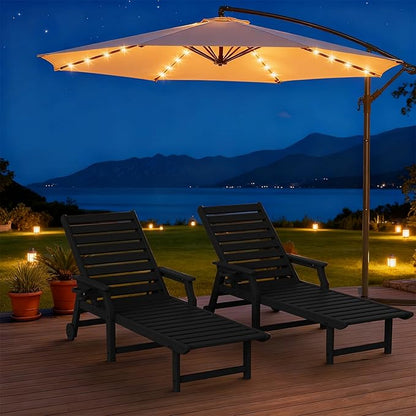 5-Position Adjustable Patio Chaise Lounge - 78'' HDPE Outdoor Lounger with Rolling Wheels & Cup Holder, Longer, Wider, Higher - Perfect for Poolside & Deck, Black, 2pcs