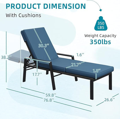 AECOJOY Lounge Chair Outdoor Set of 2, Adjustable Wicker PE Rattan Patio Chaise Chairs with Removable Cushion for Beach, Pool, Lawn, Black Rattan&Dark Blue Cuchion
