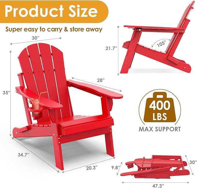 IVY&LANE Folding-Adirondack-Chair | HDPE Plastic | Outdoor Fire Pit Chairs with Cup Holder | Red | Poly | Weather Resistant | for Patio Deck Poolside Garden Beach