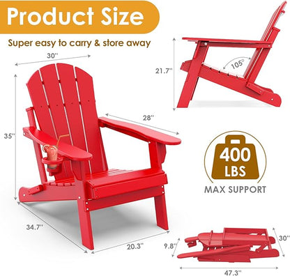 IVY&LANE Folding-Adirondack-Chair | HDPE Plastic | Outdoor Fire Pit Chairs with Cup Holder | Red | Poly | Weather Resistant | for Patio Deck Poolside Garden Beach