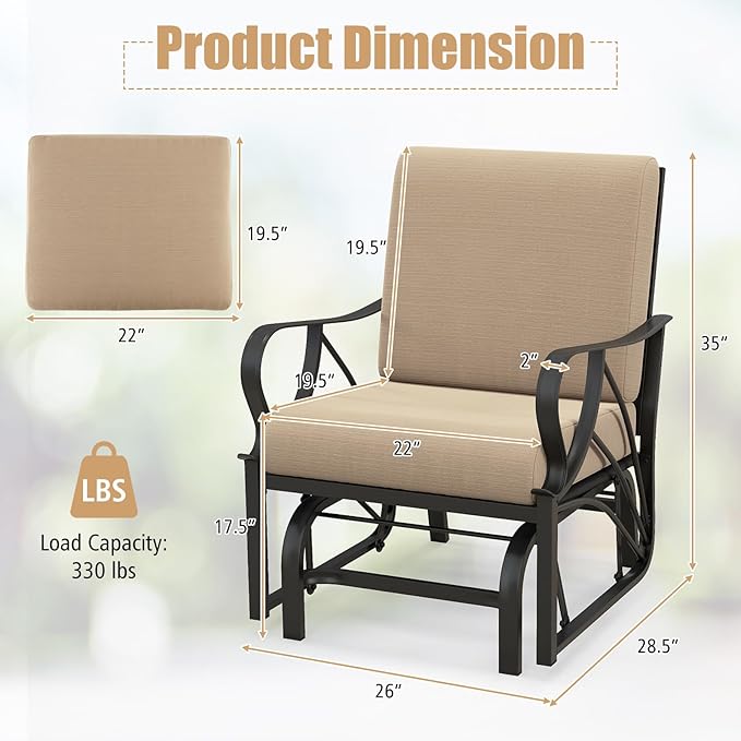 Giantex Patio Glider, Outdoor Rocking Chair with Thick Cushion, Sprayed Metal Frame, Curved Armrest, Glider Swing Chair for Garden, Yard, Lawn, Porch Rocker