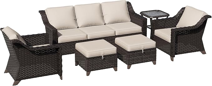 6 Pieces Patio Conversation Furniture Set - 1 Sofa, 2 Armchairs, 2 Ottomans, 1 Side Table - Photo 6