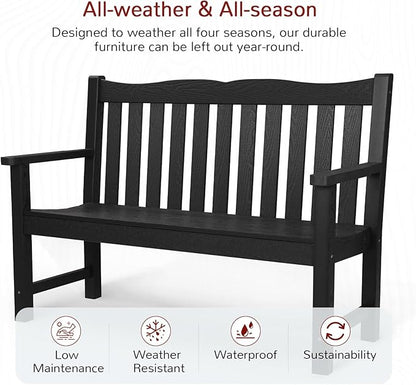 Stoog 4-Piece Patio Furniture Set, All-Weather Outdoor Dining Set, Include 1 Outdoor Bench, 2 Outdoor Chairs and 1 Coffee Table, Black