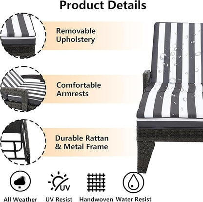 Chaise Lounge Chairs Set of 4, Upholstered 5-Positions Adjustable Pool Loungers, 80" Long Wicker Outdoor Lounge Chairs, Patio Chaise Lounges with Wheels for Sunbathing/Deck/Yard, Stripe