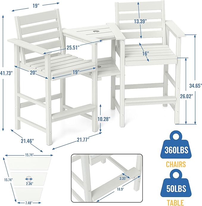 FOOWIN Tall Adirondack Chair Set of 2,HDPE Adirondack Bar Stools with Removable Connecting Trays,Weather Resistant Balcony Chair,Outdoor Adirondack Bar Chairs for Patio,Pool,Garden, Backyard White