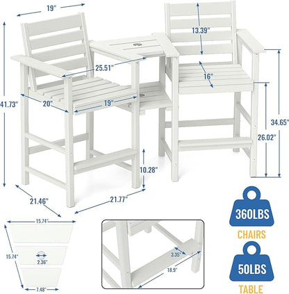FOOWIN Tall Adirondack Chair Set of 2,HDPE Adirondack Bar Stools with Removable Connecting Trays,Weather Resistant Balcony Chair,Outdoor Adirondack Bar Chairs for Patio,Pool,Garden, Backyard White