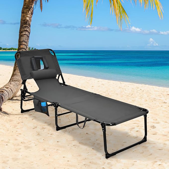 Goplus Tanning Chair, Folding Adjustable Patio Lounge Chair with Face Hole, Removable Pillow, 330LBS, Carry Strap, Outdoor Sunbathing Chair, Lightweight Portable Beach Lounge Chair, No Assembly