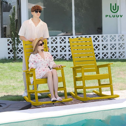 PLUUV Outdoor Rocking Chair with Removable Footboard for Adults, HDPE High Back Patio Rocking Chairs, 330lbs All Weather Porch Rocking Chairs for Outdoor & Indoor -Yellow