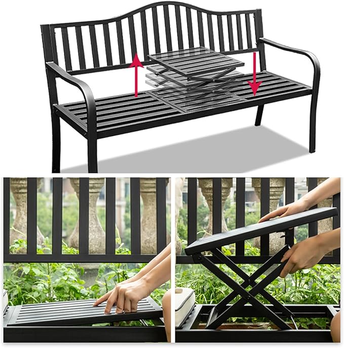 Outdoor Garden Bench with Pullout Table, Metal Park Loveseat Chair with Backrest & Armrests, Cast Iron Steel Frame for Patio, Yard, Porch - Blue Color