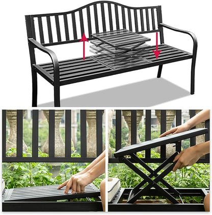 Outdoor Garden Bench with Pullout Table, Metal Park Loveseat Chair with Backrest & Armrests, Cast Iron Steel Frame for Patio, Yard, Porch - Blue Color