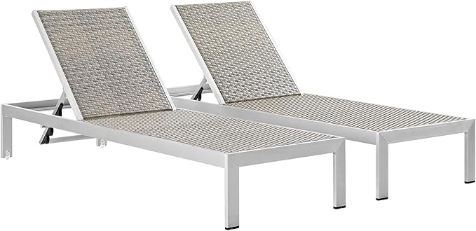 Modway Shore Aluminum Wicker Rattan Outdoor Patio Two Poolside Chaise Lounge Chairs in Silver Gray