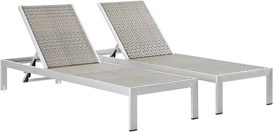 Modway Shore Aluminum Wicker Rattan Outdoor Patio Two Poolside Chaise Lounge Chairs in Silver Gray