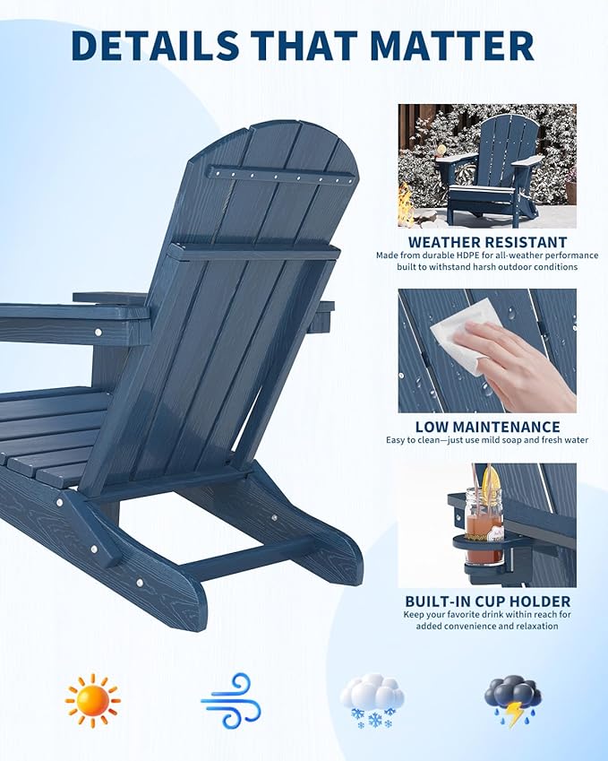 Folding Adirondack Chair Set of 2 with Ottoman, All-Weather HDPE Outdoor Chair, Wooden Textured with Cup Holder for patios, Decks, Gardens, fire pits, Navy Blue